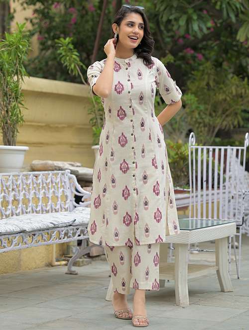 women off white roll up sleeve kurta pant set - 21969213 -  Standard Image - 0