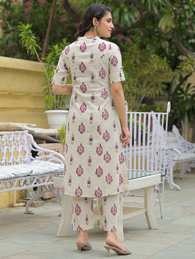 women off white roll up sleeve kurta pant set - 21969213 -  Standard Image - 3