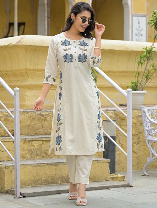 women embroidered three quarter sleeve kurta pant set - 21969214 - Standard Image - 0