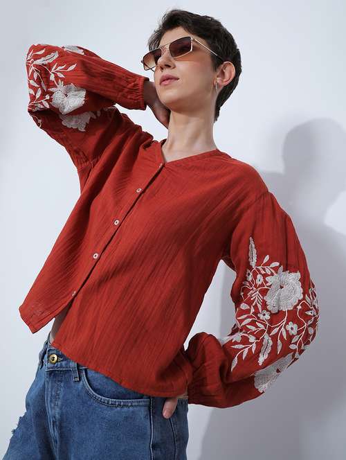 women solid with work long sleeve ethnic top - 21969503 - Standard Image - 0