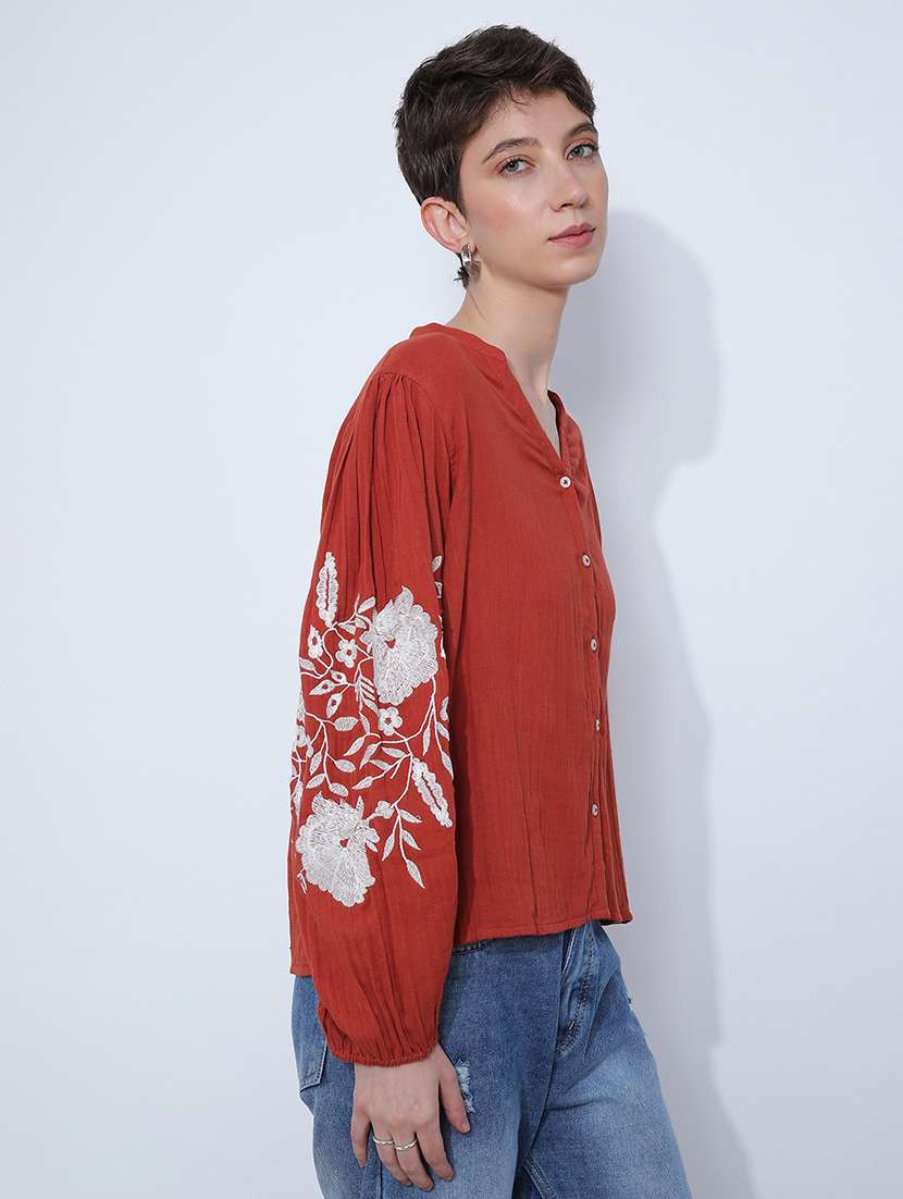 women solid with work long sleeve ethnic top - 21969503 - Standard Image - 5