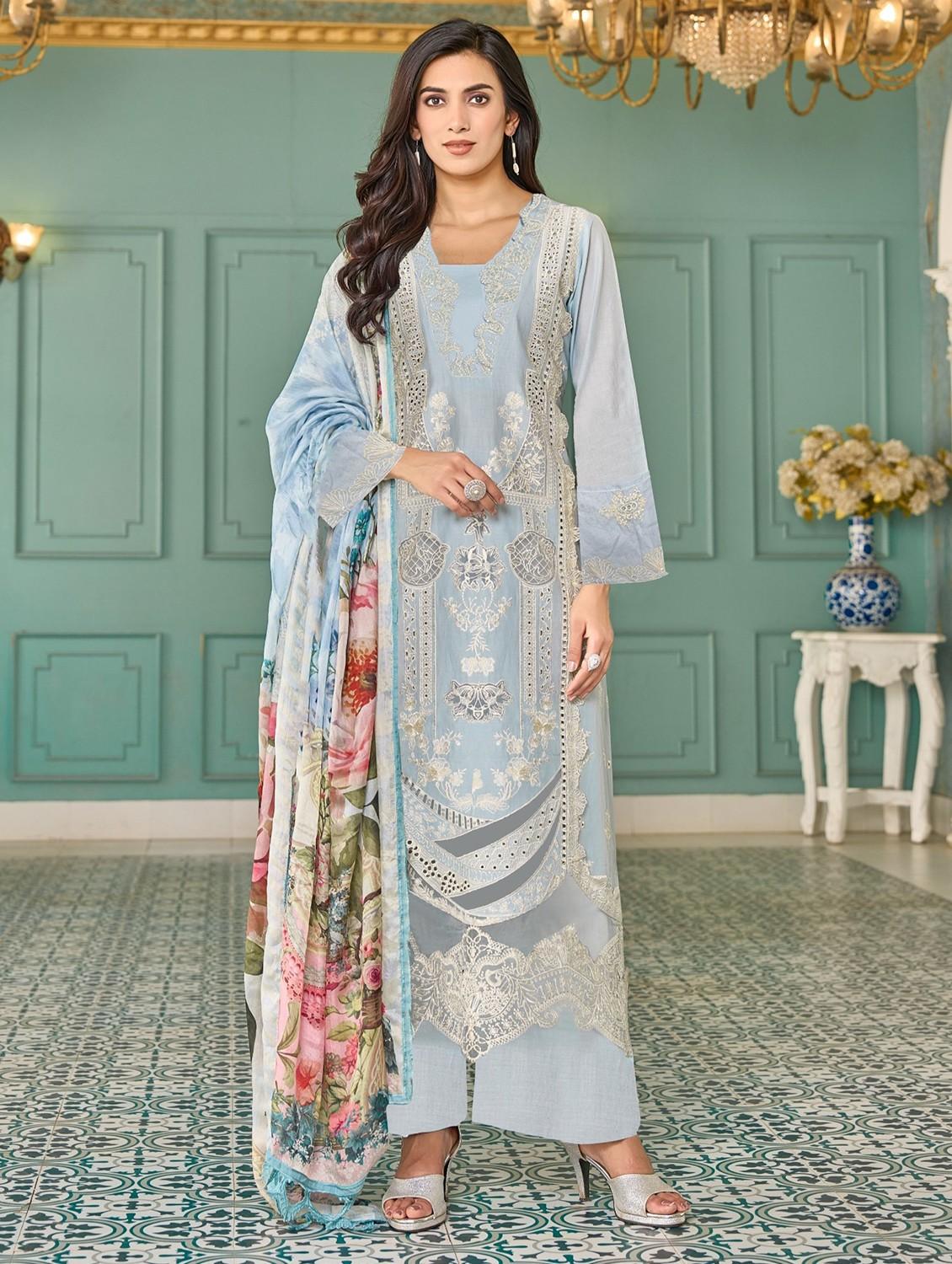women self design long sleeve kurta palazzo with dupatta set