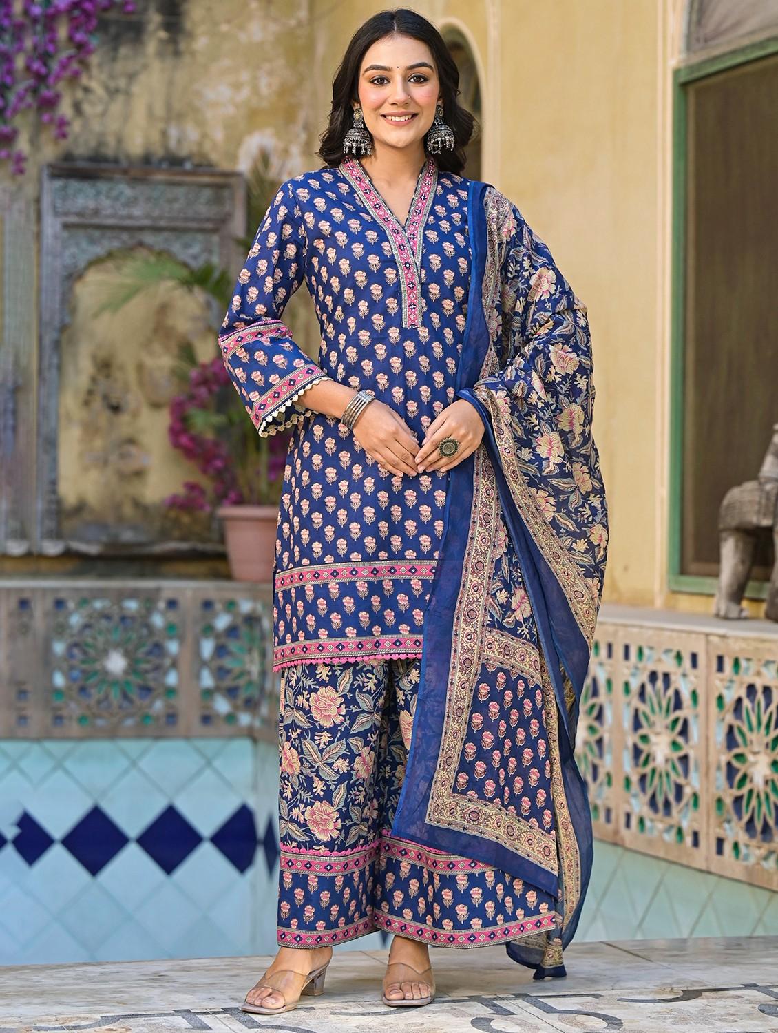 women three quarter sleeve kurta palazzo with dupatta set - 21969632 - Zoom Image - 0