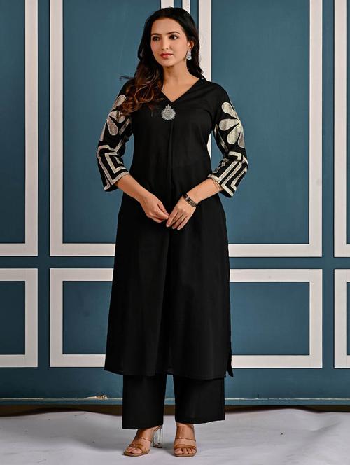 women embroidered three quarter sleeve kurta pant set - 21969665 - Standard Image - 0