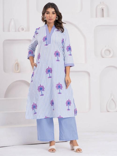 women printed three quarter sleeve kurta pant set - 21969697 - Standard Image - 0
