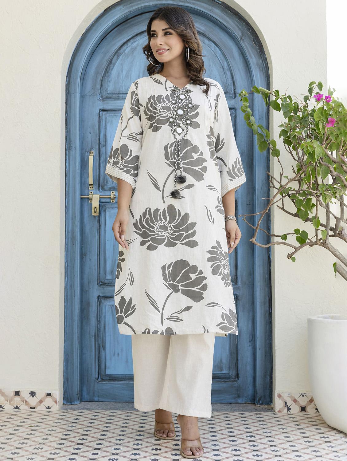 women floral three quarter sleeve kurta pant set - 21969776 - Standard Image - 3