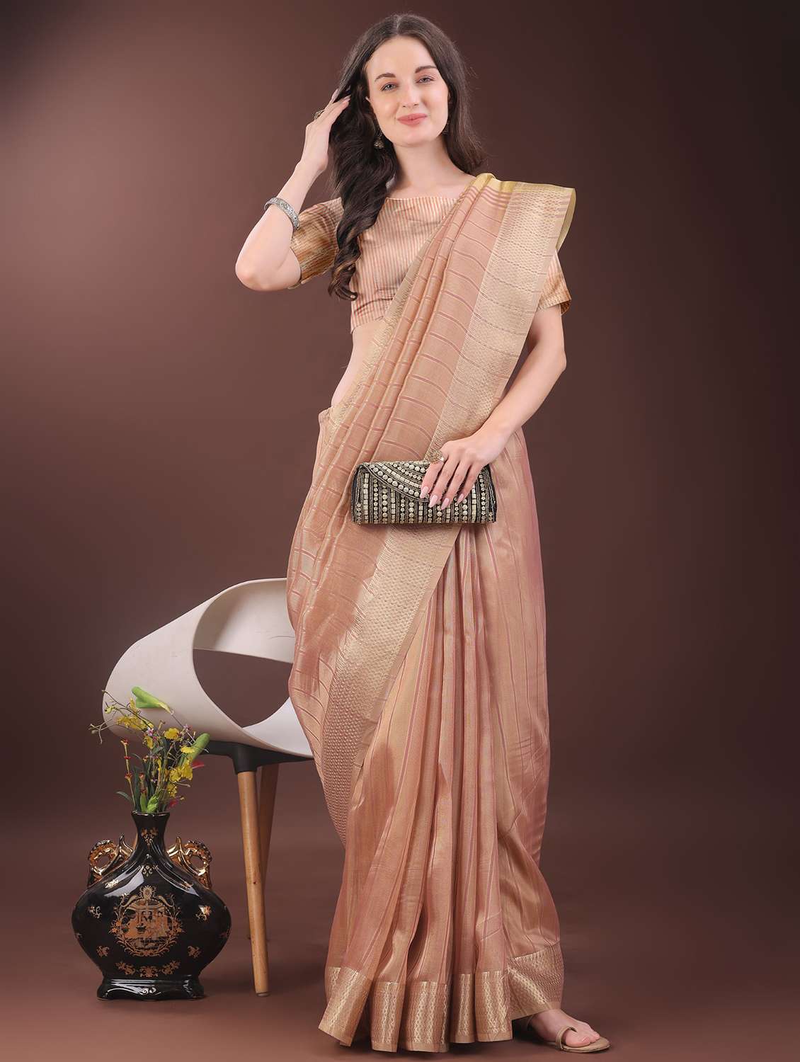 women striped bordered saree with blouse - 21969856 -  Zoom Image - 0