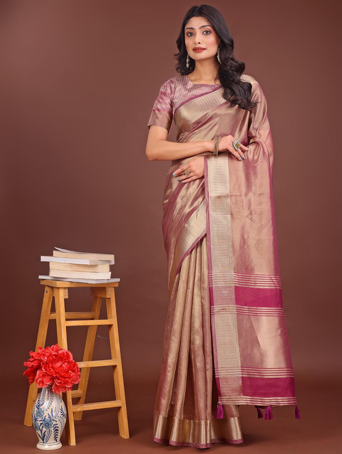 women solid with bordered saree with blouse