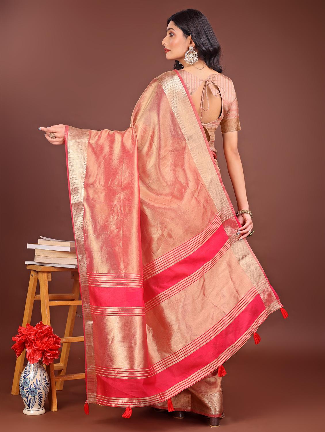 women solid with bordered saree with blouse - 21969864 - Standard Image - 3