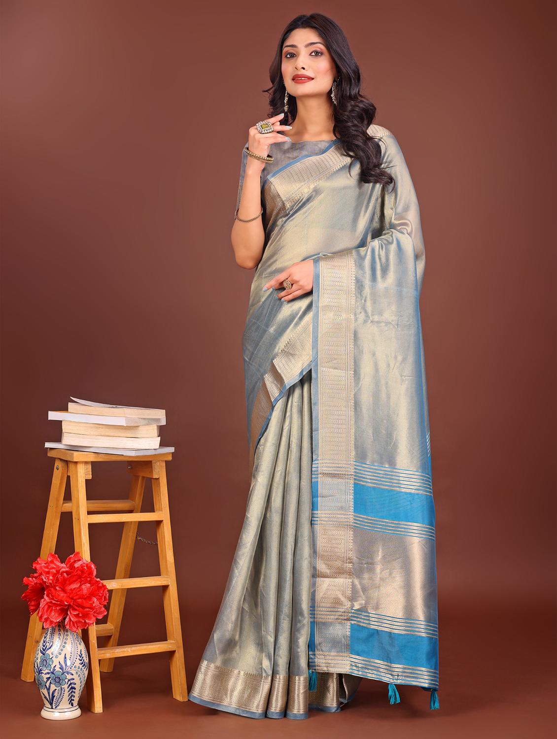 women solid with bordered saree with blouse