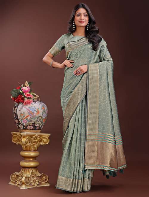 women checkered bordered saree with blouse - 21969887 -  Standard Image - 0