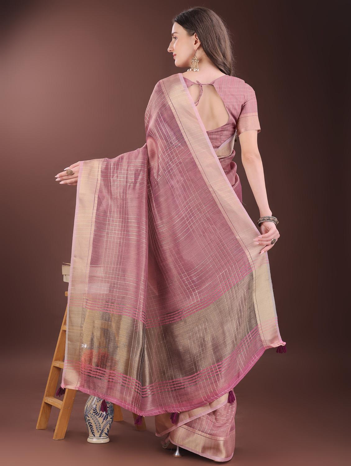 women checkered bordered saree with blouse - 21969905 - Standard Image - 3