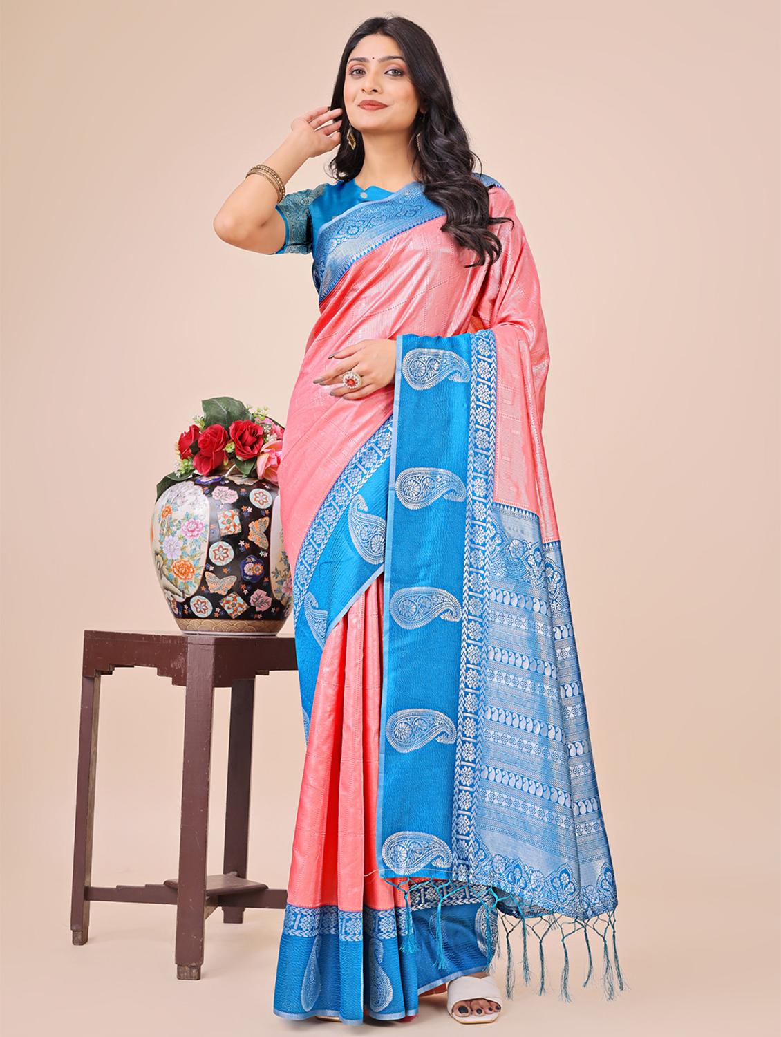 women solid with bordered saree with blouse