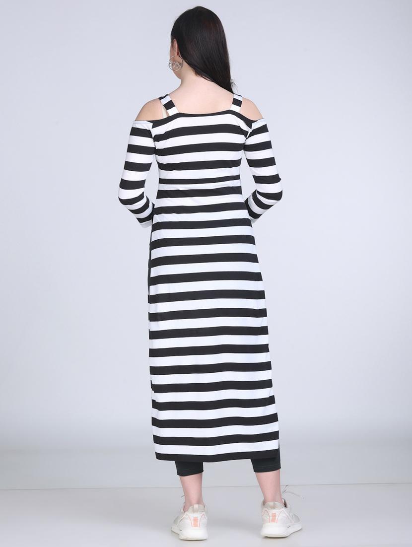 women striped cold shouder long top - 21970024 - Standard Image - 3