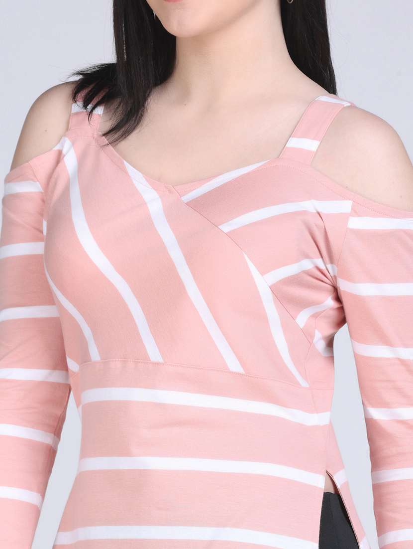 women striped cold shouder long top - 21970025 -  Standard Image - 5