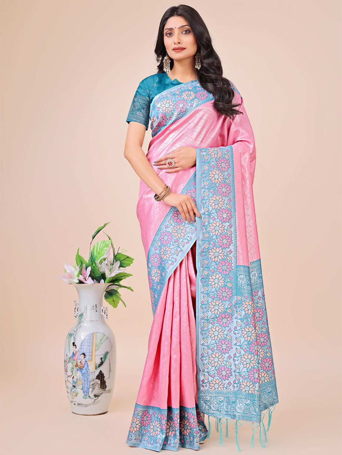 women checkered bordered saree with blouse - 21970114 - Zoom Image - 0