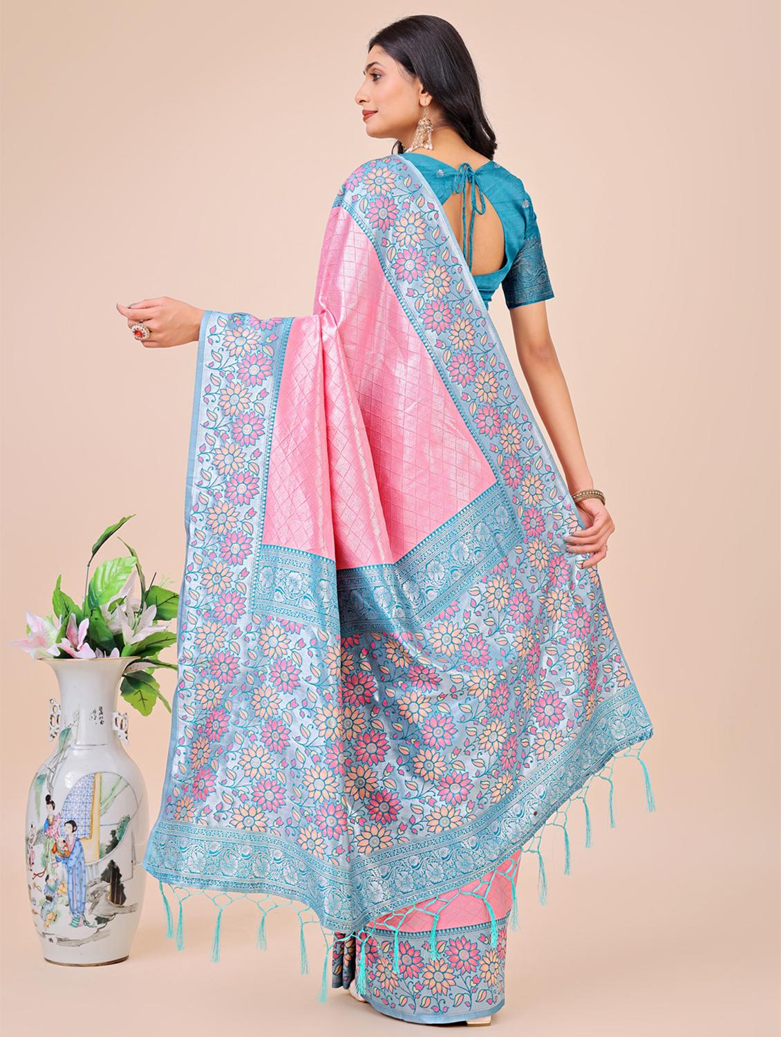 women checkered bordered saree with blouse - 21970114 - Standard Image - 3