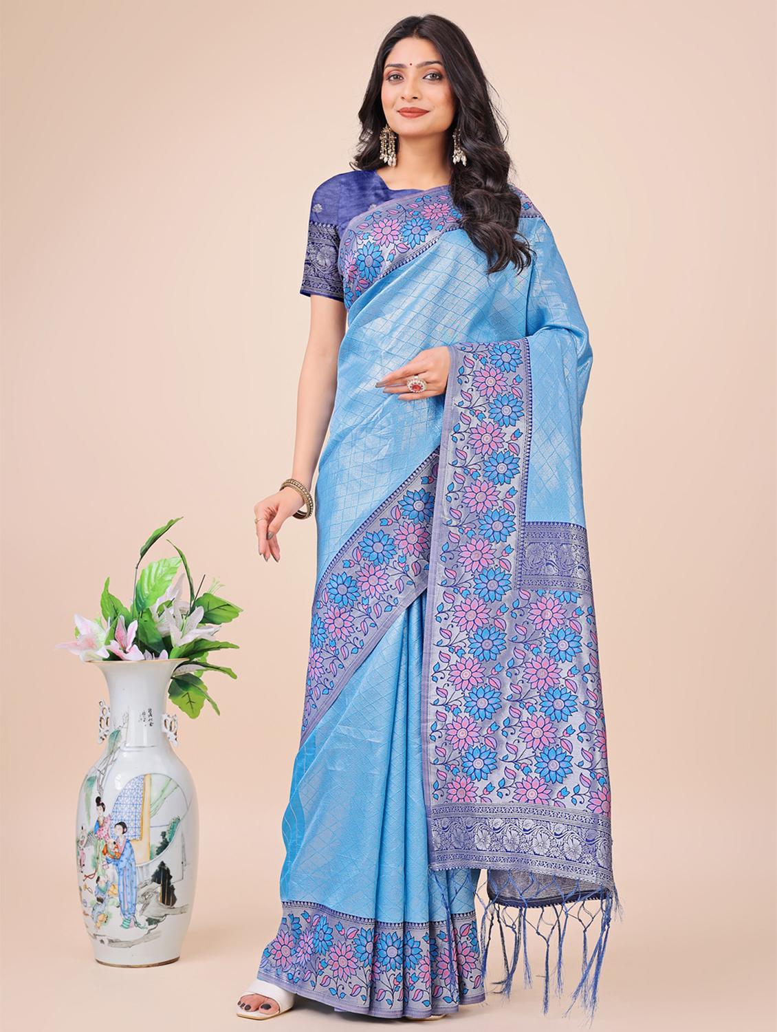 women checkered bordered saree with blouse - 21970116 - Zoom Image - 0