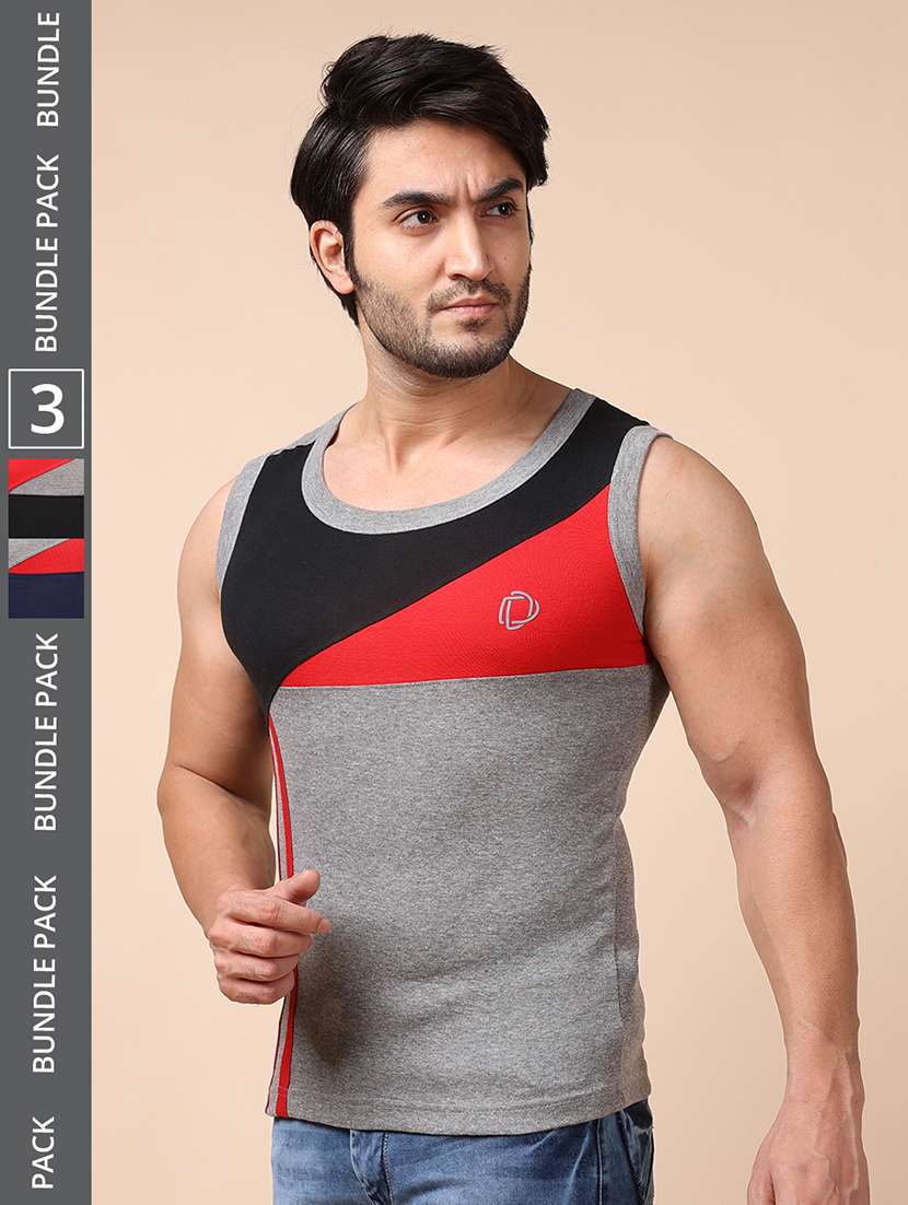 men pack of 3 color block round neck vest