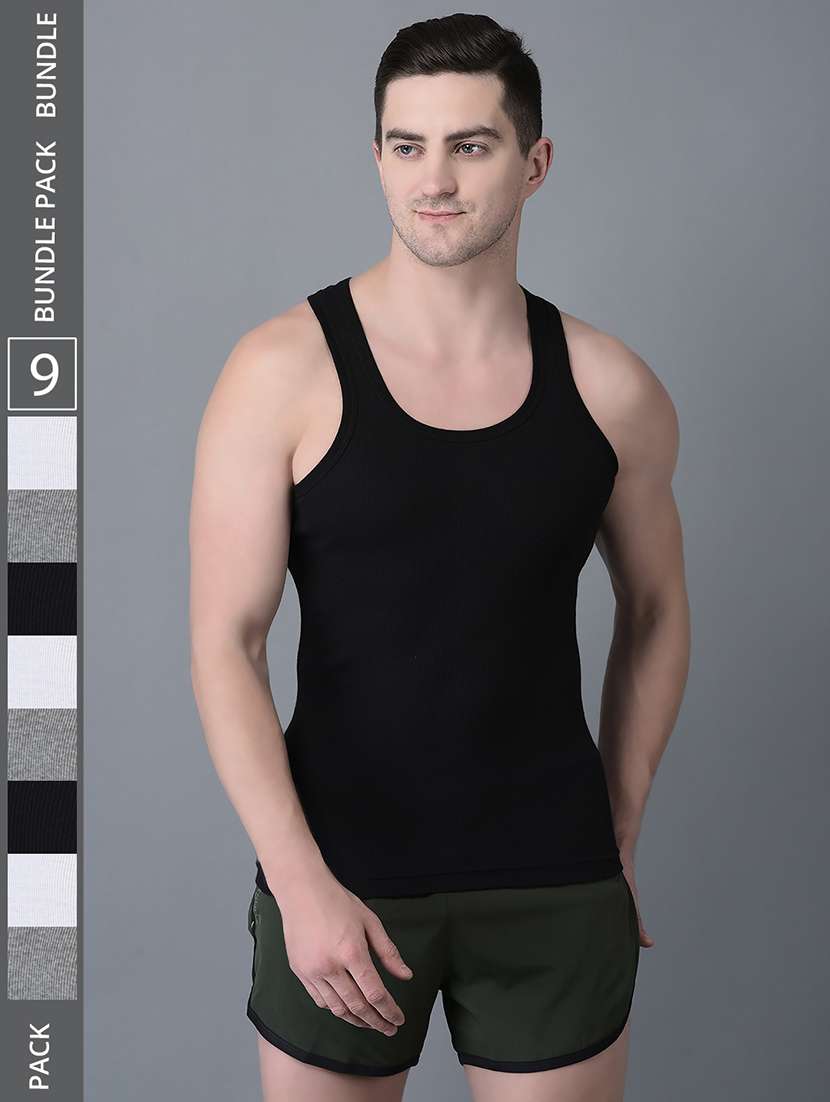 men pack of 9 solid scoop neck vest