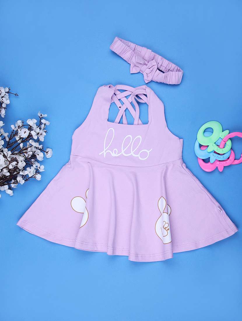 girls solid sleeveless flared frock with hairband