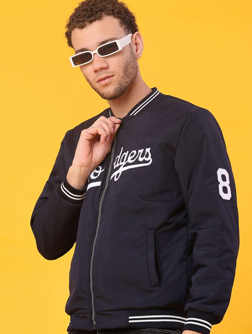 men typographic long sleeve regular fit bomber jacket