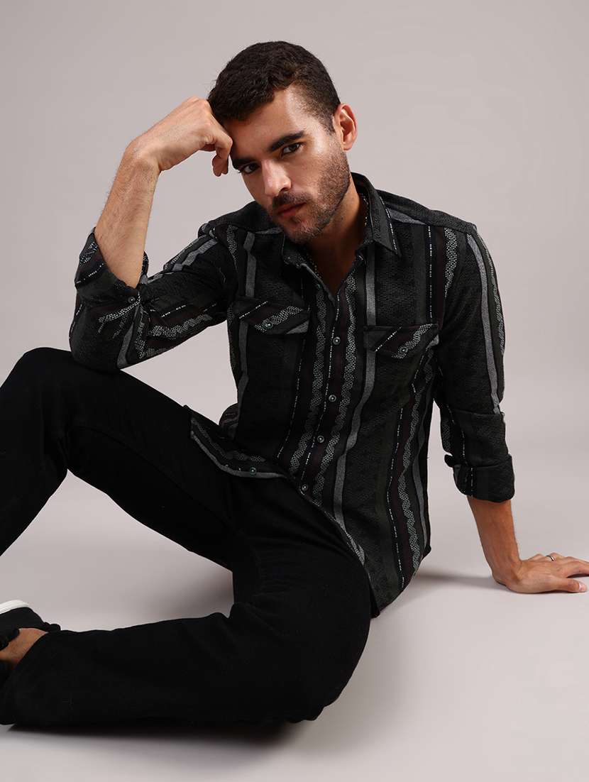 men self design long sleeve regular fit casual shirt