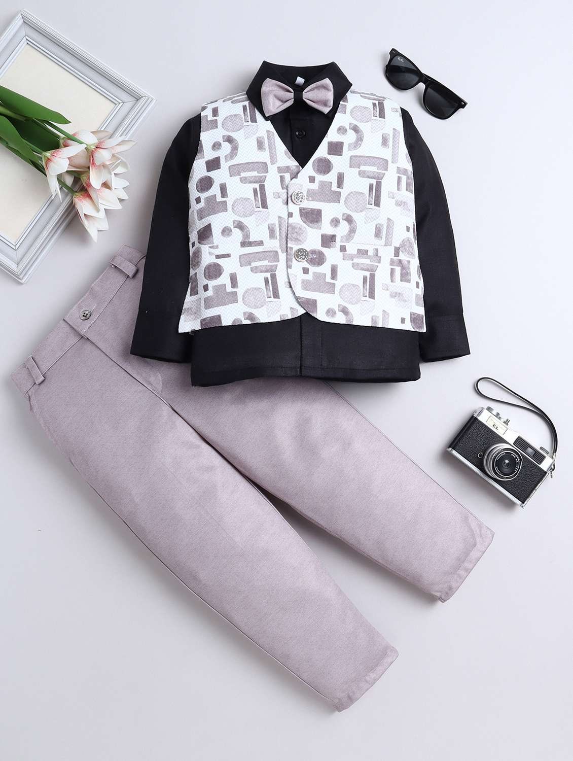 boys printed waistcoat and trouser set
