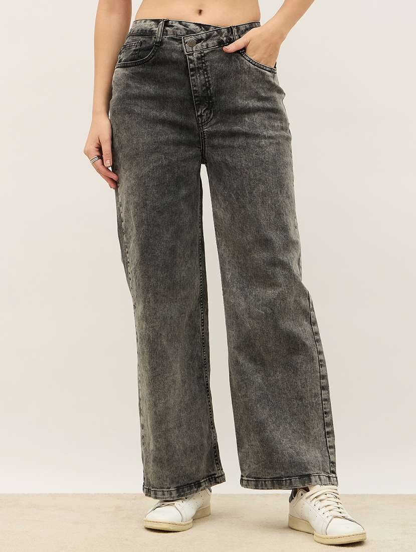 women washed mid rise wide leg jean