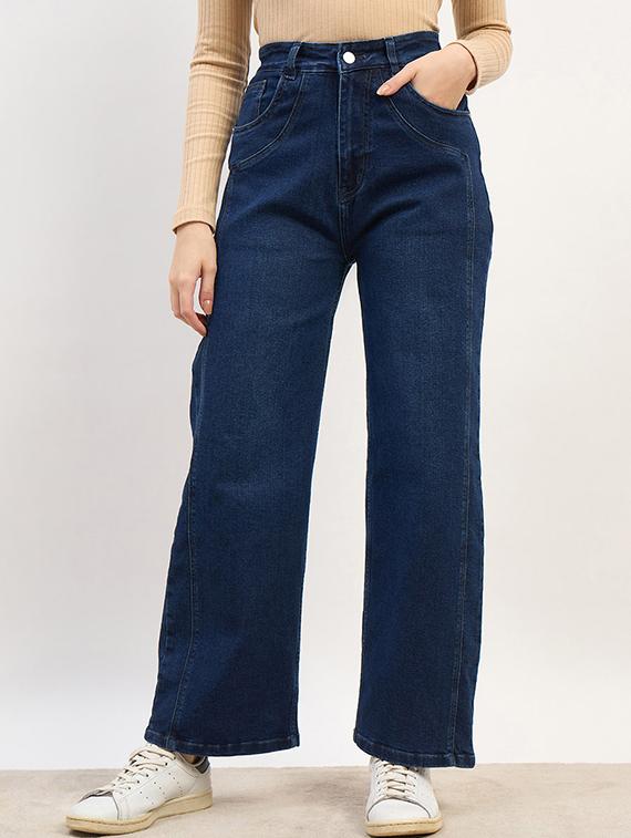 women washed high rise straight fit jean