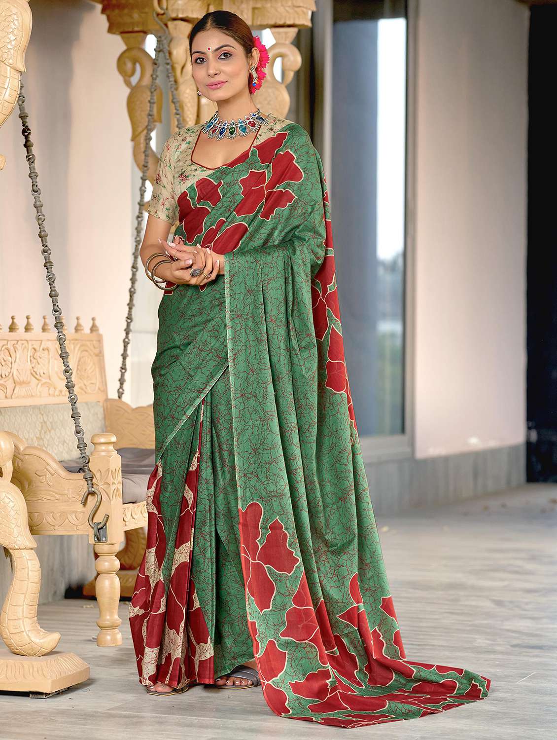 women printed casual wear saree with blouse