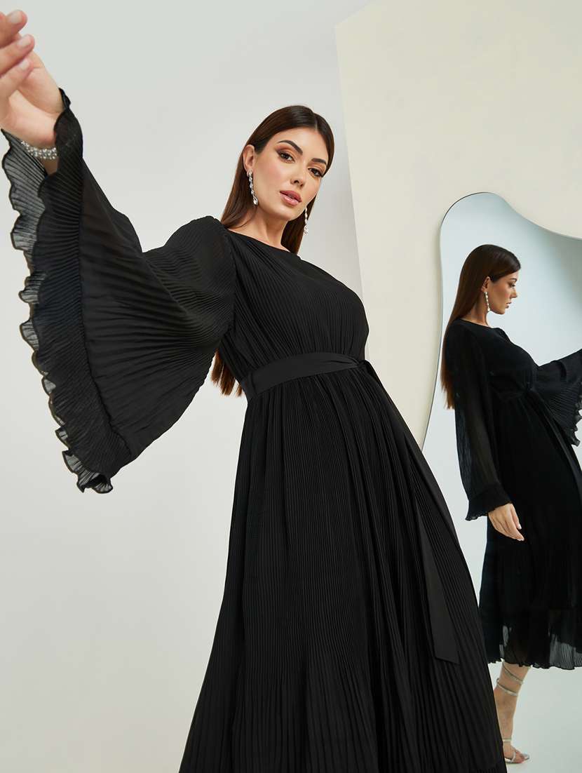 women solid bell sleeve fit & flare dress - 21971054 -  Standard Image - 3