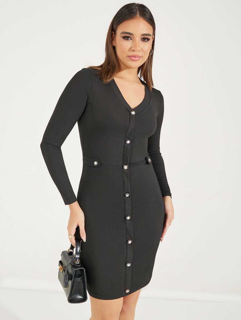 women black solid long sleeve bodycon dress - 21971057 -  Zoom Image - 0