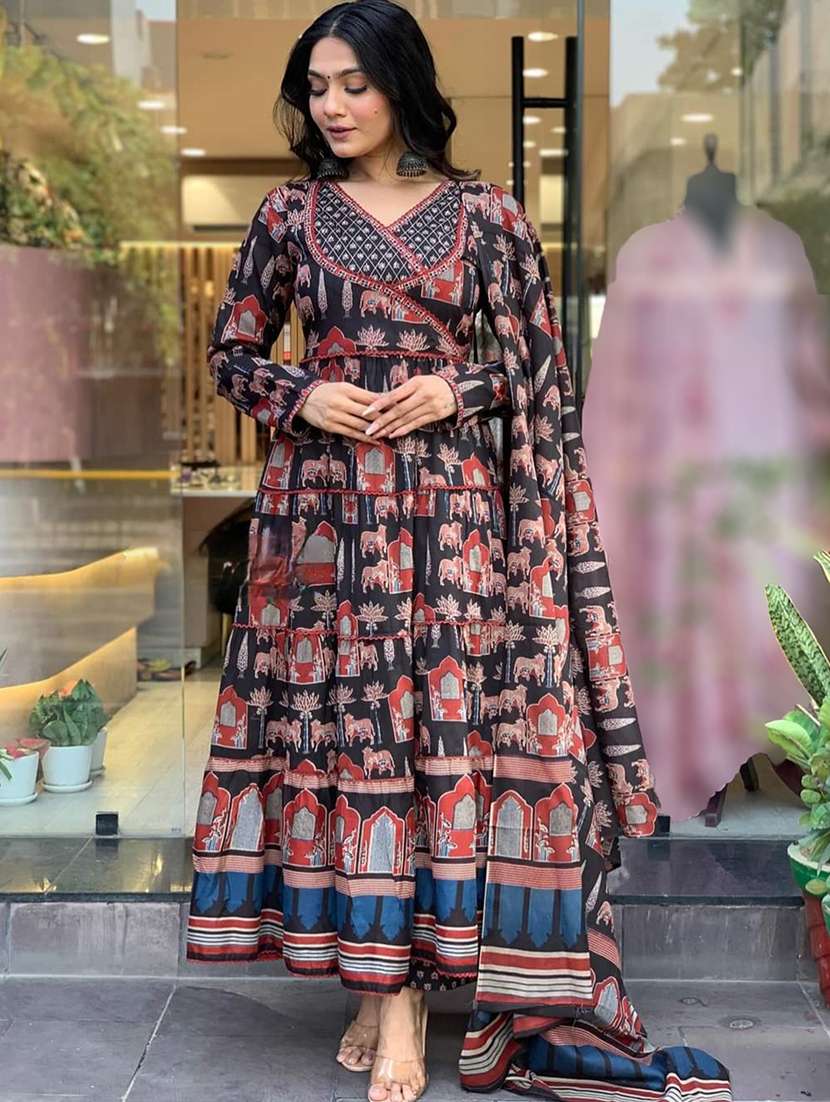 women printed long sleeve anarkali kurta pant with dupatta set