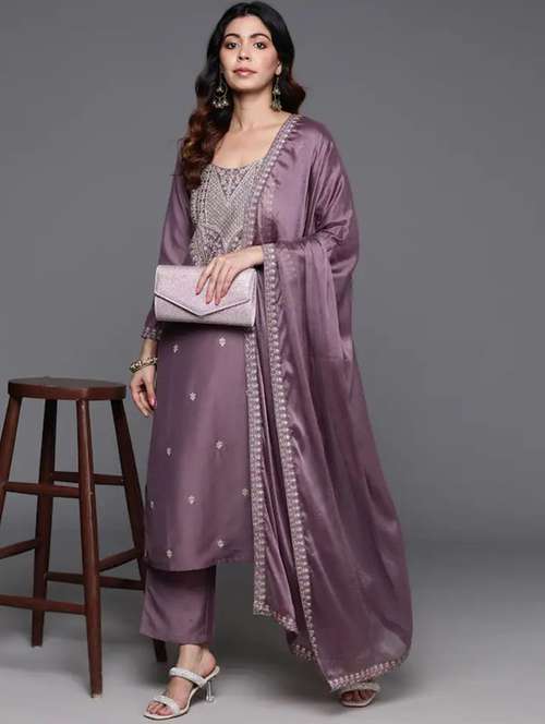 women solid with work long sleeve kurta pant with dupatta set - 21971072 -  Standard Image - 0
