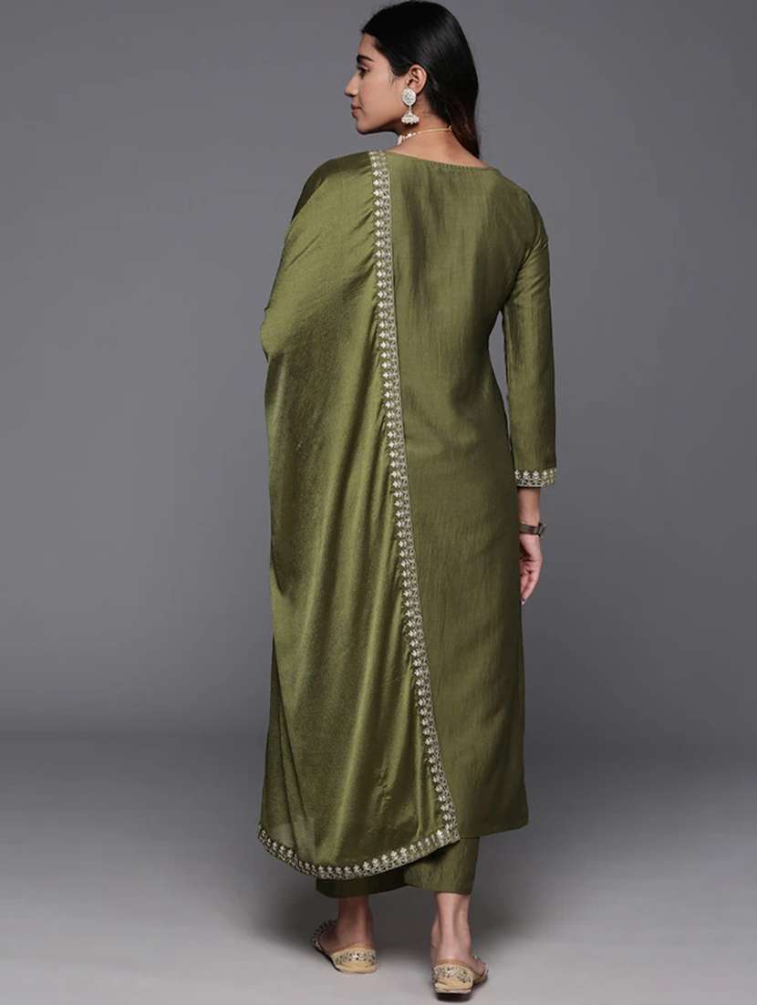 women solid with work long sleeve kurta pant with dupatta set - 21971073 -  Standard Image - 3