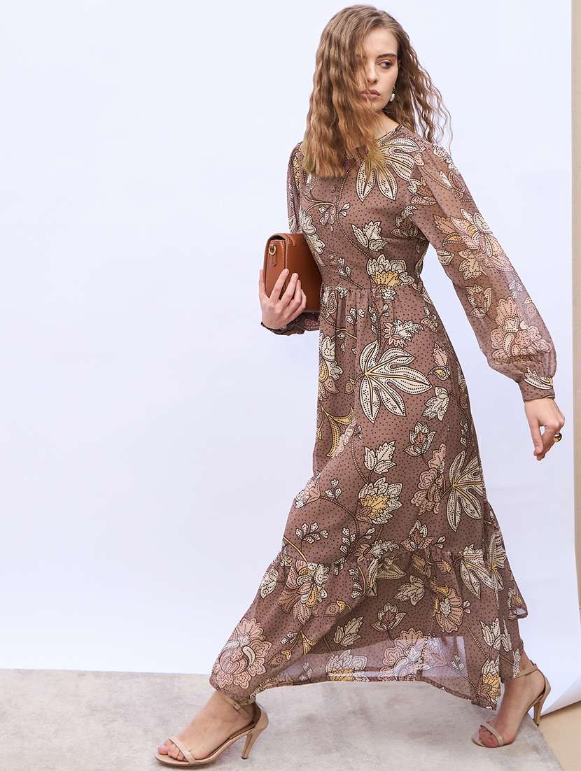 women printed puff sleeve tiered maxi dress