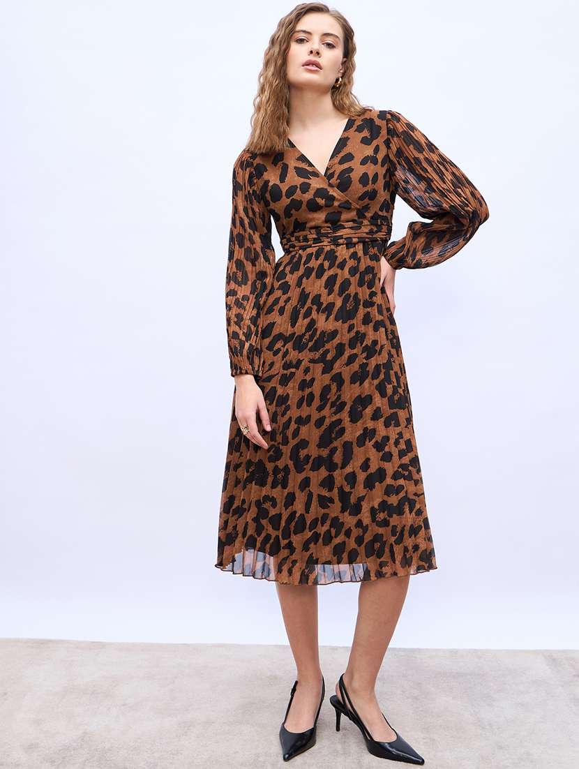 women animal printed puff sleeve a-line dress