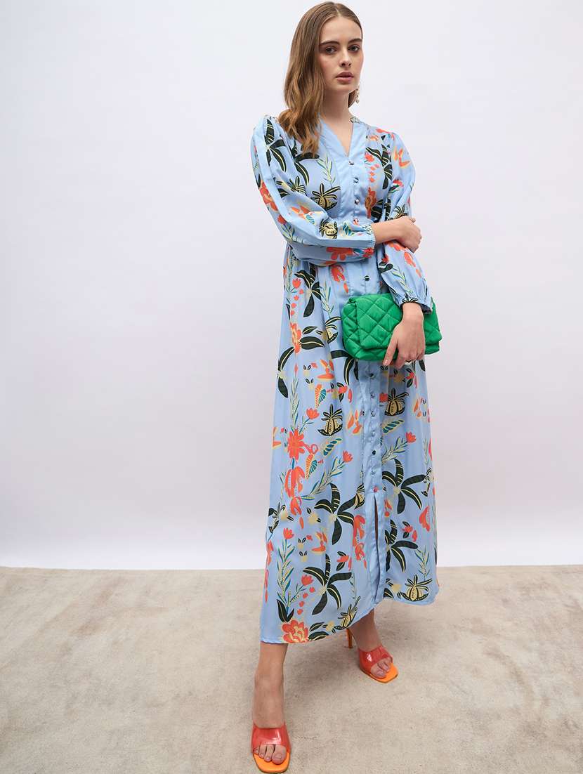 women printed puff sleeve shirt dress
