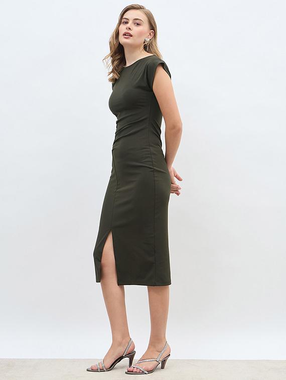 women solid cap sleeve ruched bodycon dress - 21971137 - Standard Image - 3
