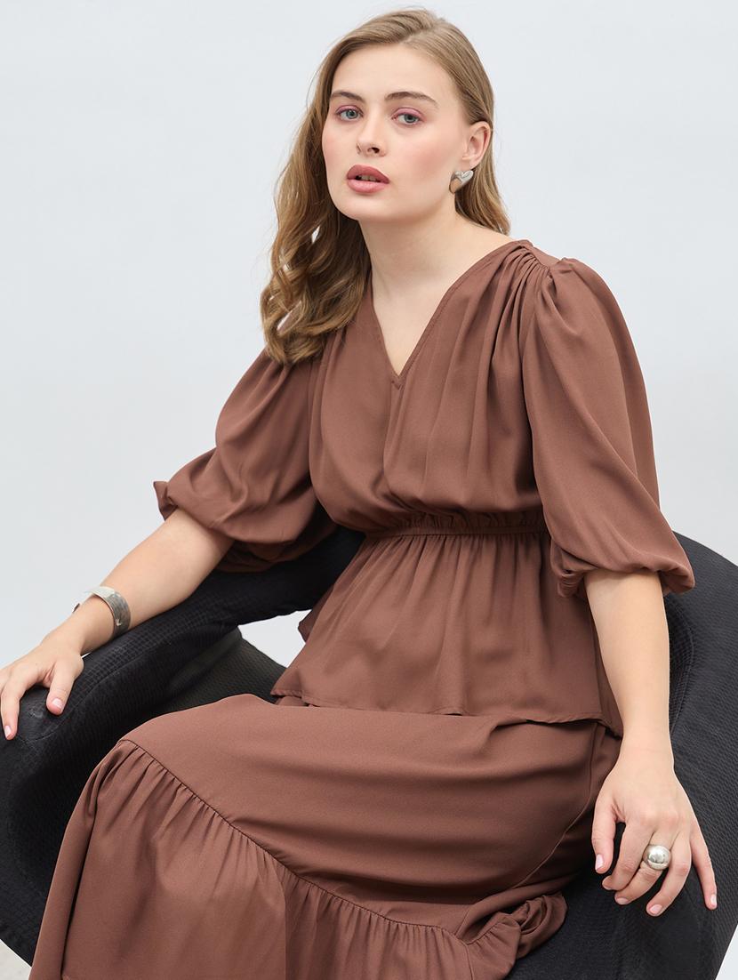 women solid puff sleeve tiered dress - 21971140 - Standard Image - 3