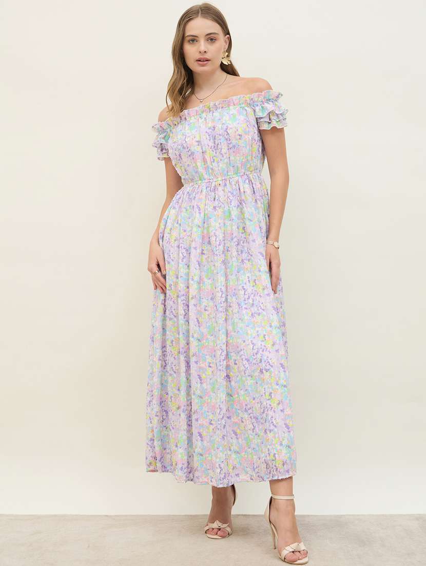 women printed off shoulder fit & flare dress - 21971145 -  Standard Image - 3