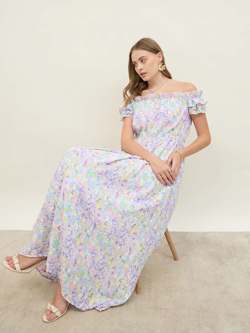 women printed off shoulder fit & flare dress - 21971145 -  Standard Image - 5