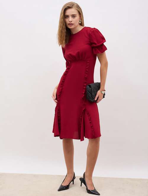 women maroon solid puff sleeve a-line dress - 21971147 -  Standard Image - 0