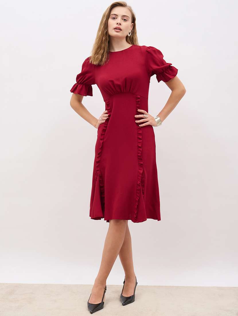 women maroon solid puff sleeve a-line dress - 21971147 -  Standard Image - 3