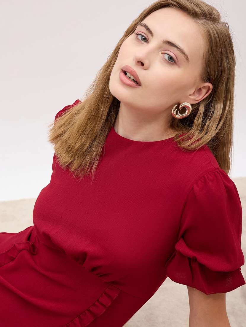 women maroon solid puff sleeve a-line dress - 21971147 -  Standard Image - 5