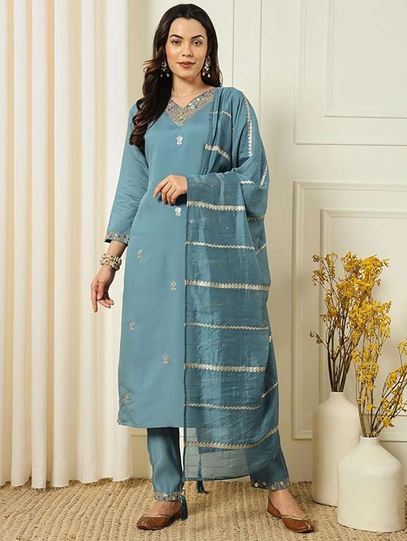 women three quarter sleeve kurta pant with dupatta set