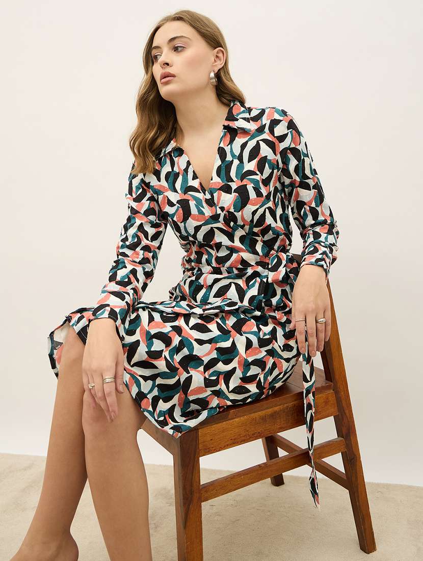 women printed collared puff sleeve a-line dress - 21971181 -  Standard Image - 5