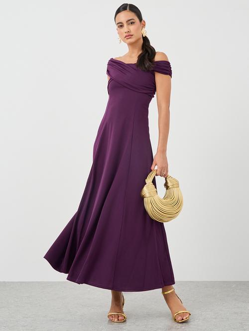 women solid off shoulder fit and flare dress - 21971190 - Standard Image - 0