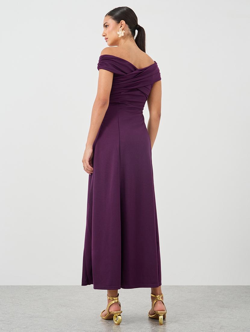 women solid off shoulder fit and flare dress - 21971190 - Standard Image - 3